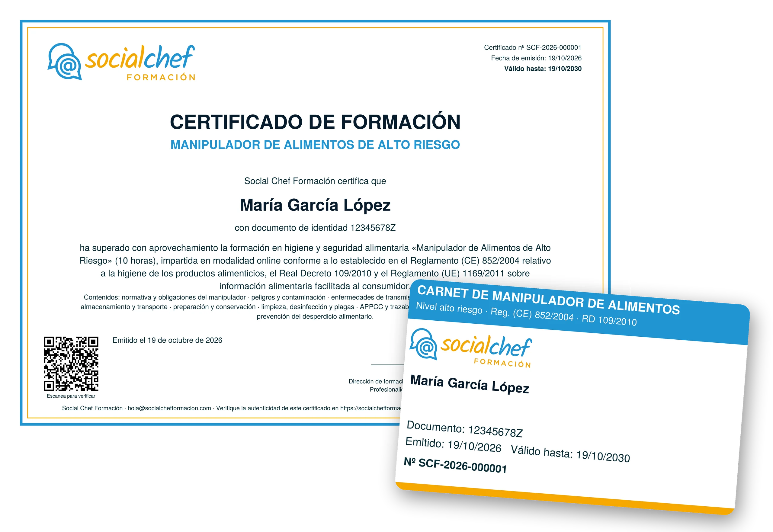 Ejemplo del Certificado y Carnet de Manipulador de Alimentos de Social Chef Formación