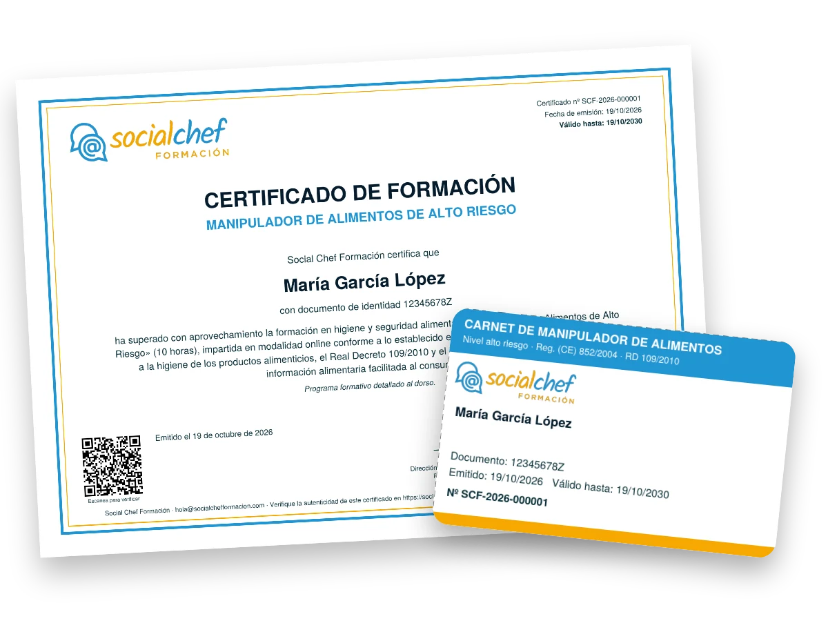 Ejemplo del Certificado y Carnet de Manipulador de Alimentos de Social Chef Formación
